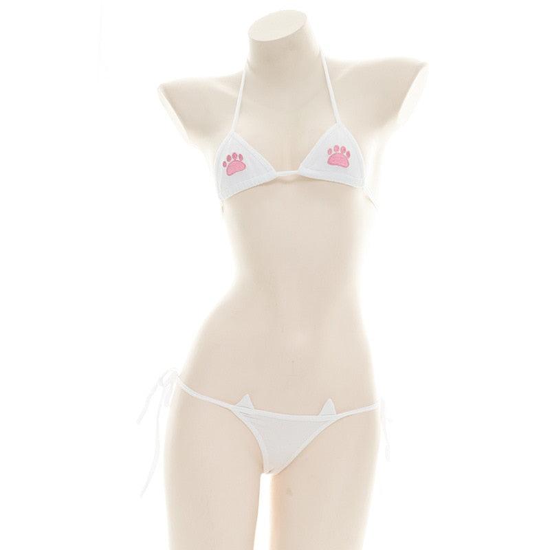 Japanese Kawaii Paw Print Bikini Set - White apparel - Femboy Fatale