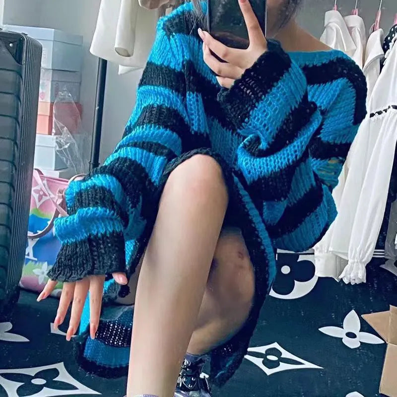Gothic Distressed Oversized Striped Sweater Collection - Blue Apparel - Femboy Fatale