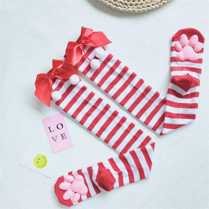 Cat Paw Thigh High Socks - Red & White Striped Socks - Femboy Fatale
