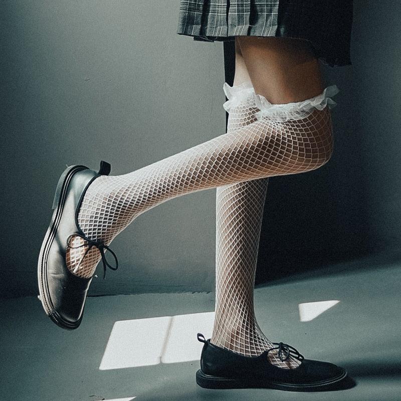 Stocking Collection - White Fishnet w/ Lace Stockings - Femboy Fatale