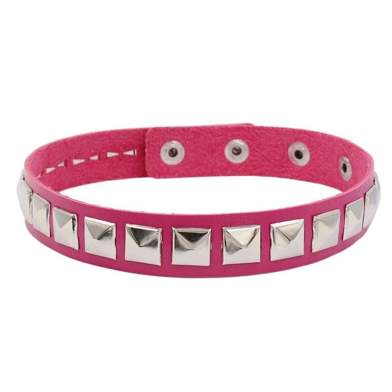 Colorful Studded Leather Chokers - Rose Red Choker - Femboy Fatale