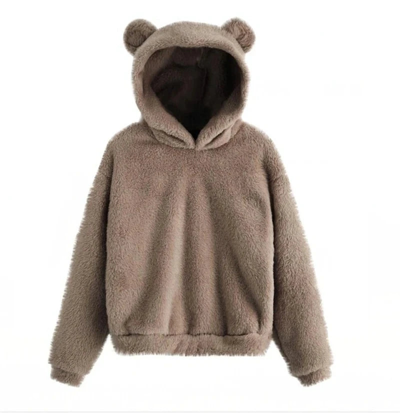 Oversized Fuzzy Bear Ears Hoodie - Khaki / S Apparel - Femboy Fatale