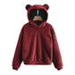 Oversized Fuzzy Bear Ears Hoodie - Claret / S Apparel - Femboy Fatale