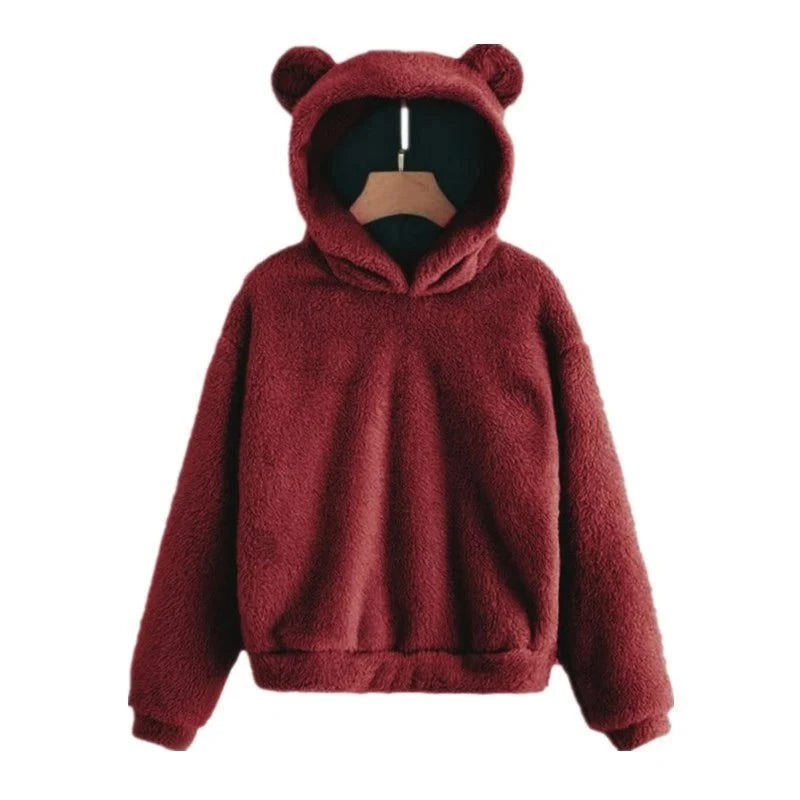 Oversized Fuzzy Bear Ears Hoodie - Claret / S Apparel - Femboy Fatale