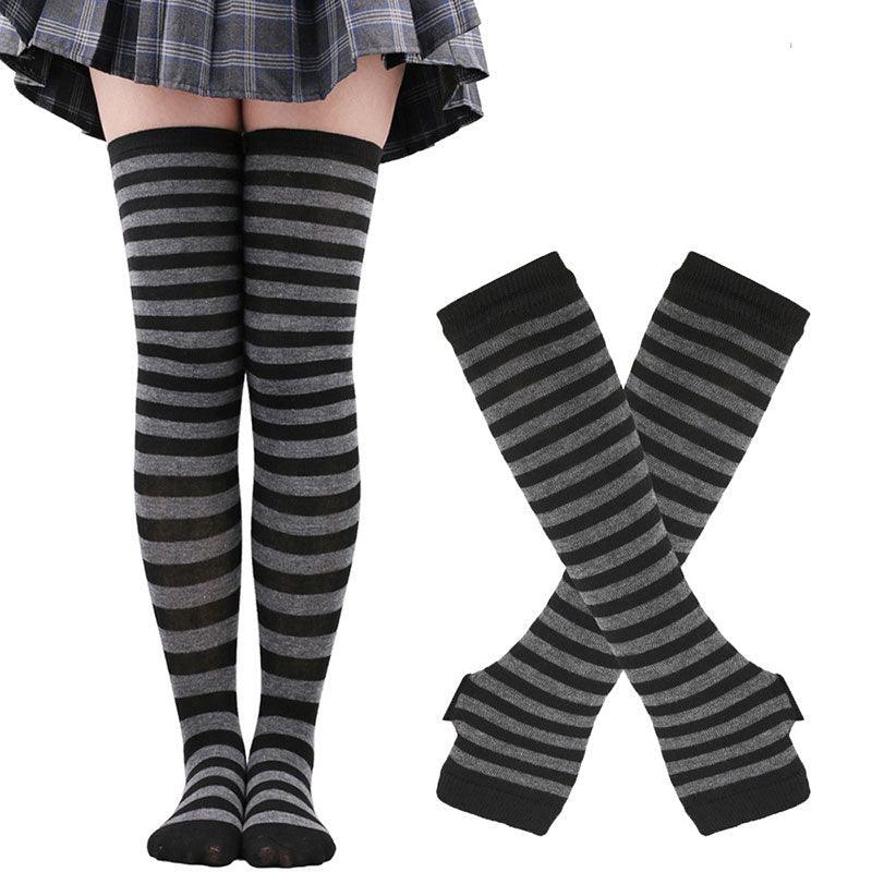Matching Striped Arm Warmer and Thigh High Stocking Collection - Black & Gray Apparel - Femboy Fatale