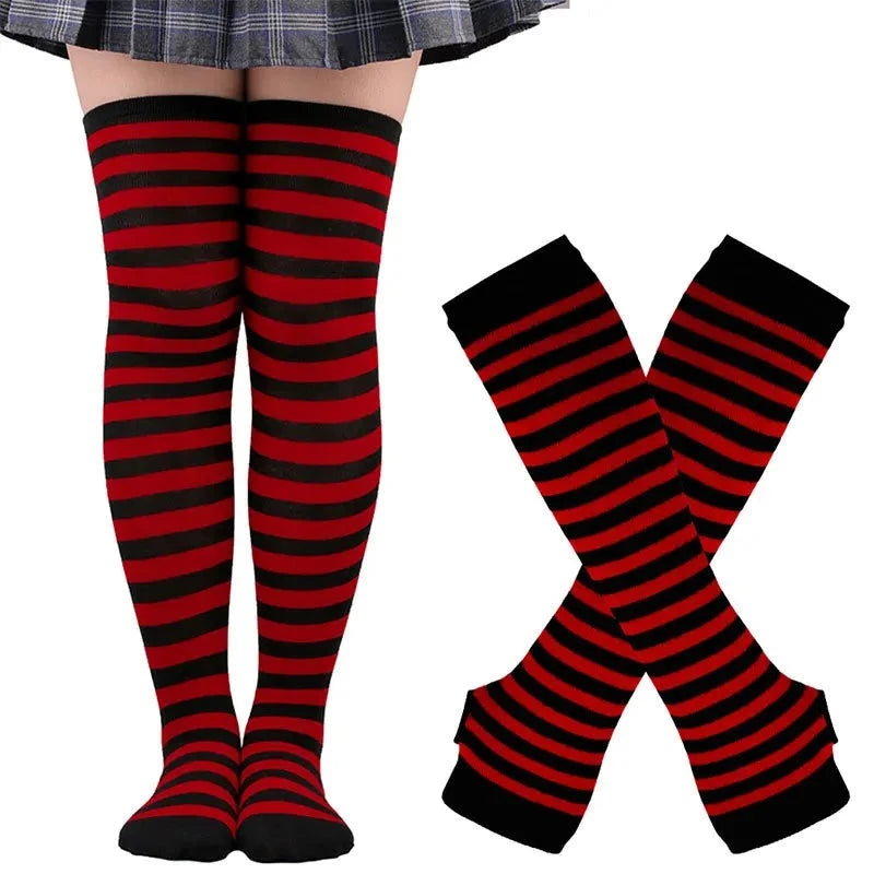 Matching Striped Arm Warmer and Thigh High Stocking Collection - Black & Red Apparel - Femboy Fatale