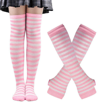 Matching Striped Arm Warmer and Thigh High Stocking Collection - Pink & White Apparel - Femboy Fatale