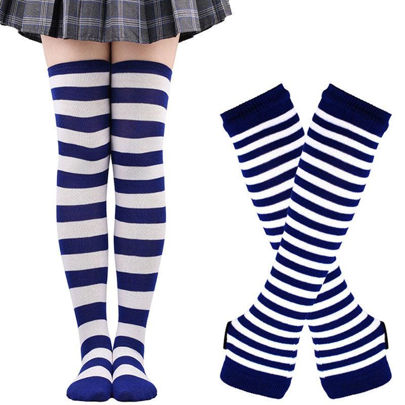 Matching Striped Arm Warmer and Thigh High Stocking Collection - Navy & White Apparel - Femboy Fatale