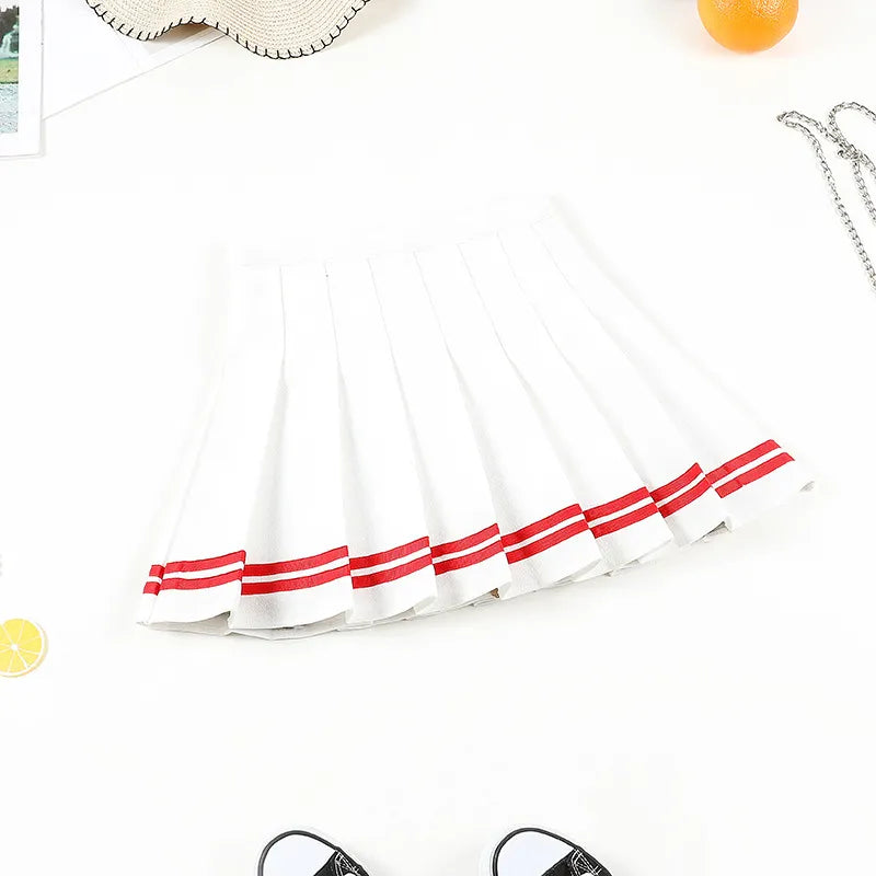 Short Striped Pleated School Skirts - White w/ Red Stripes / S Apparel - Femboy Fatale