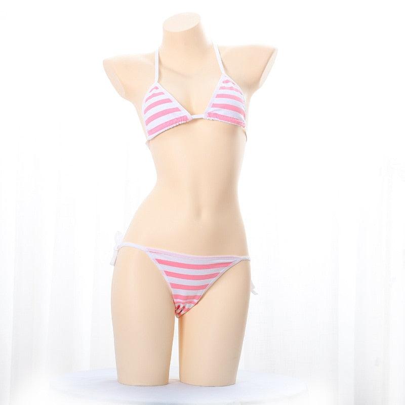 Japanese Kawaii Striped Bikini Collection - Pink apparel - Femboy Fatale