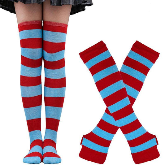 Matching Striped Arm Warmer and Thigh High Stocking Collection - Blue & Red Apparel - Femboy Fatale