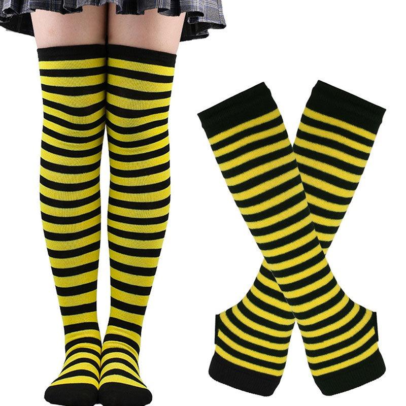 Matching Striped Arm Warmer and Thigh High Stocking Collection - Black & Yellow Apparel - Femboy Fatale