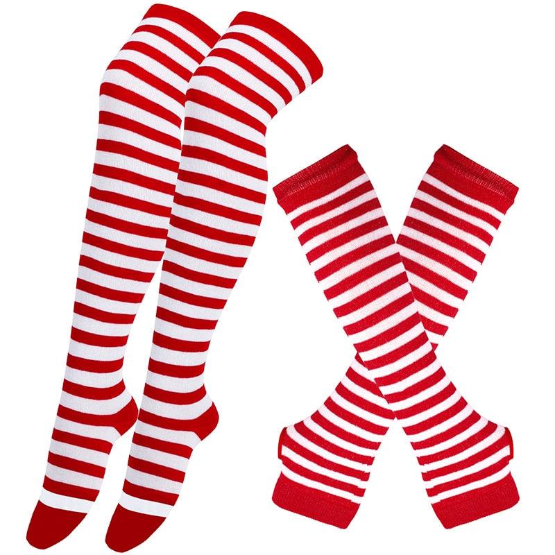 Matching Striped Arm Warmer and Thigh High Stocking Collection - Red & White Apparel - Femboy Fatale