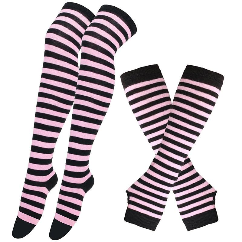 Matching Striped Arm Warmer and Thigh High Stocking Collection - Black & Pink Apparel - Femboy Fatale