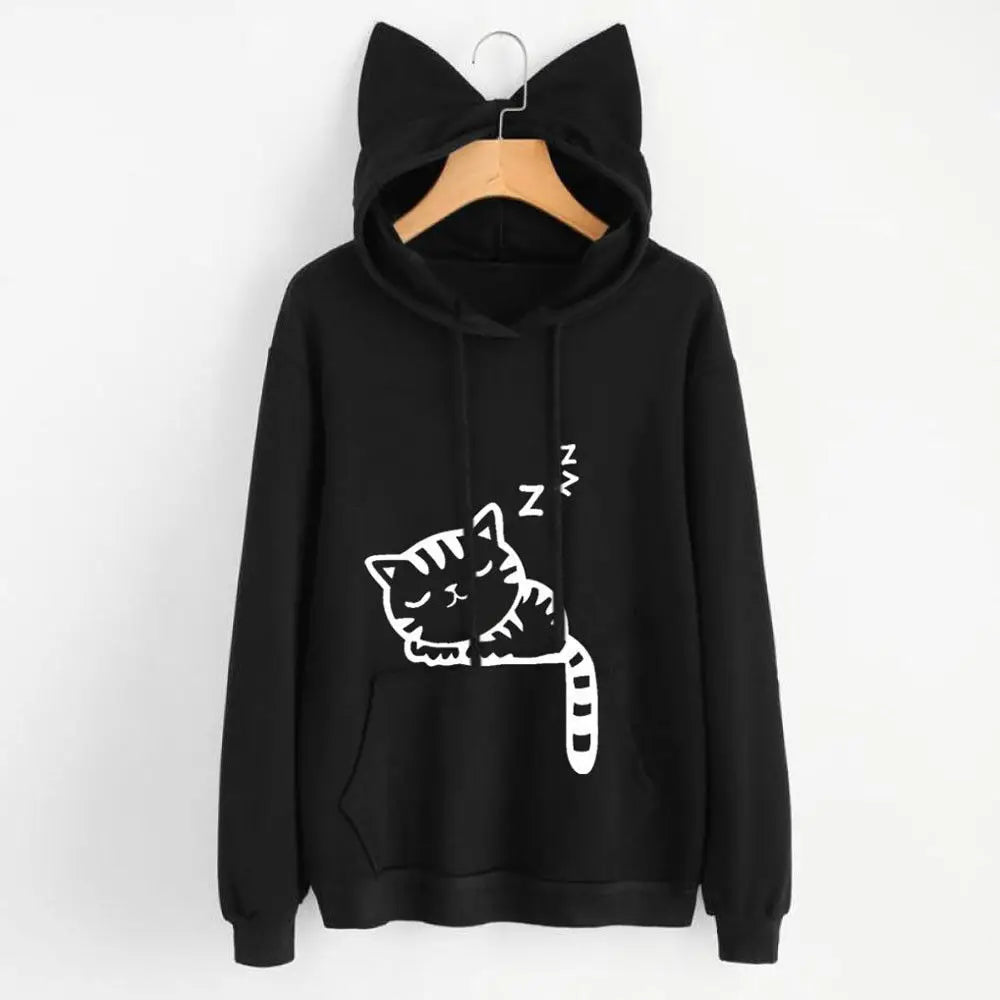 Sleepy Cat Ears Printed Hoodie