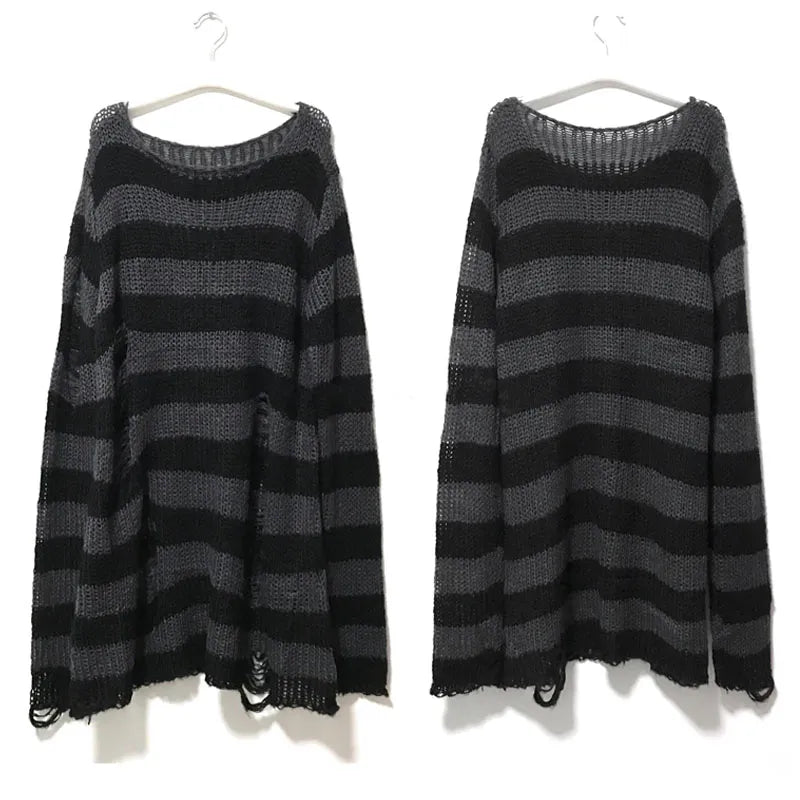 Gothic Distressed Oversized Striped Sweater Collection - Gray Apparel - Femboy Fatale