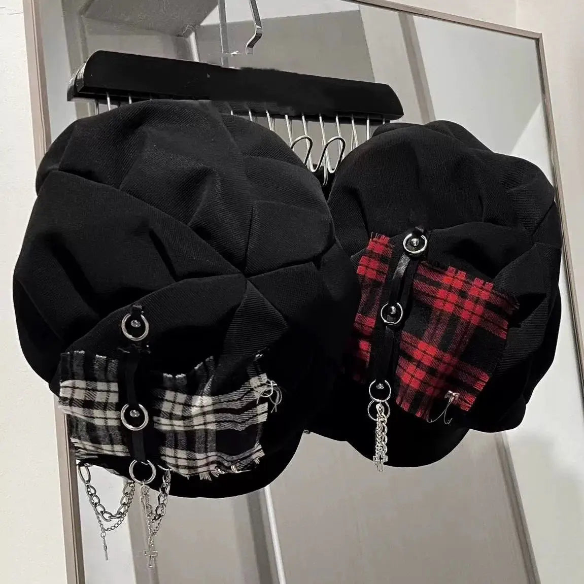 Gothic Plaid Beret Cap with Chains & Cross Charm