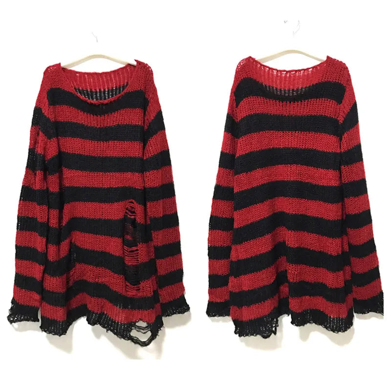 Gothic Distressed Oversized Striped Sweater Collection - Red Apparel - Femboy Fatale