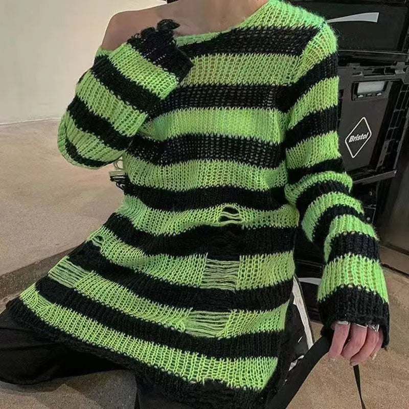 Gothic Distressed Oversized Striped Sweater Collection - Green Apparel - Femboy Fatale