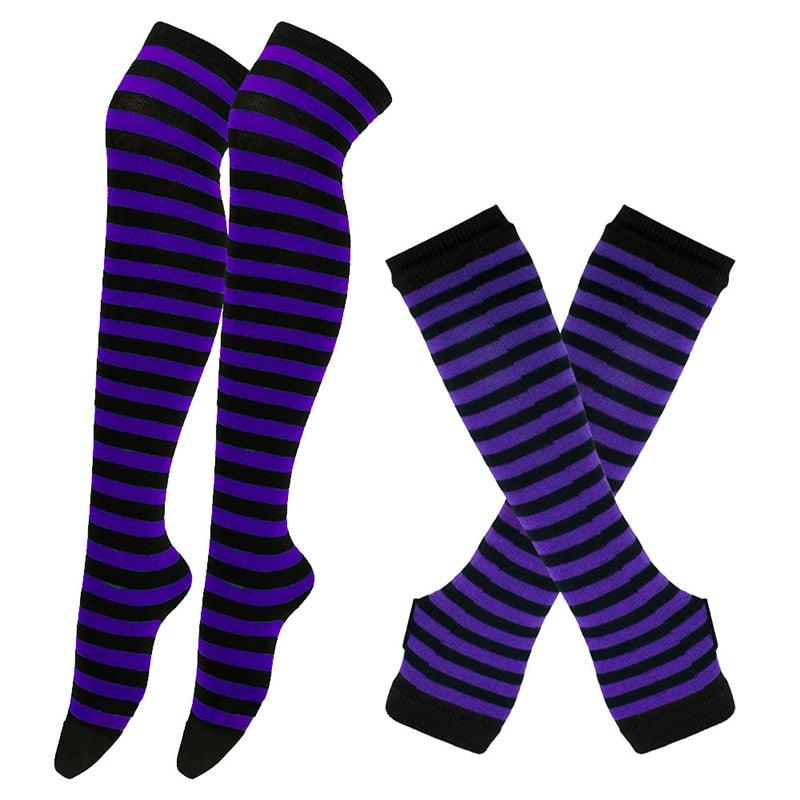 Matching Striped Arm Warmer and Thigh High Stocking Collection - Black & Dark Purple Apparel - Femboy Fatale