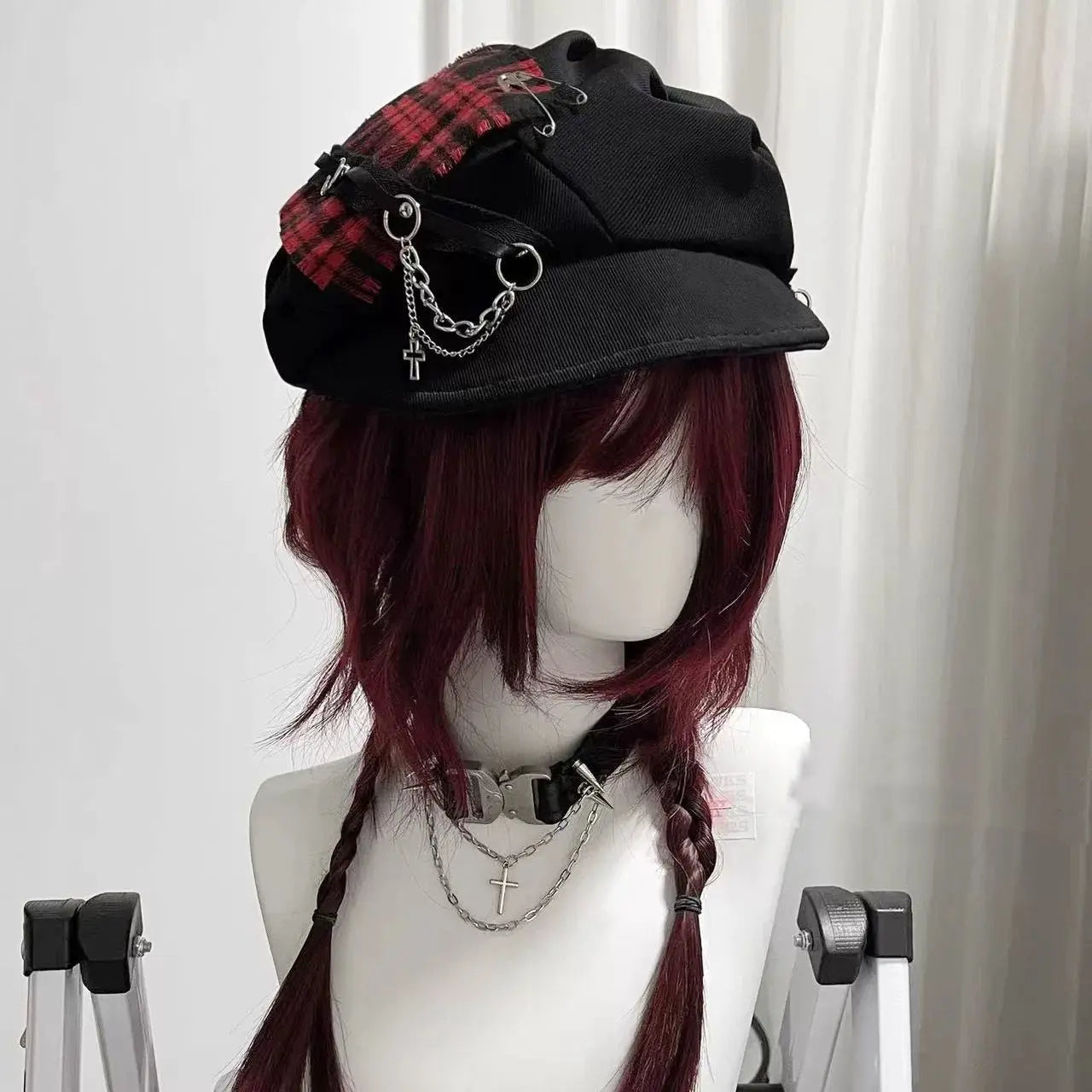 Gothic Plaid Beret Cap with Chains & Cross Charm