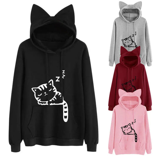 Sleepy Cat Ears Printed Hoodie