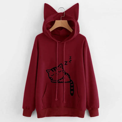 Sleepy Cat Ears Printed Hoodie