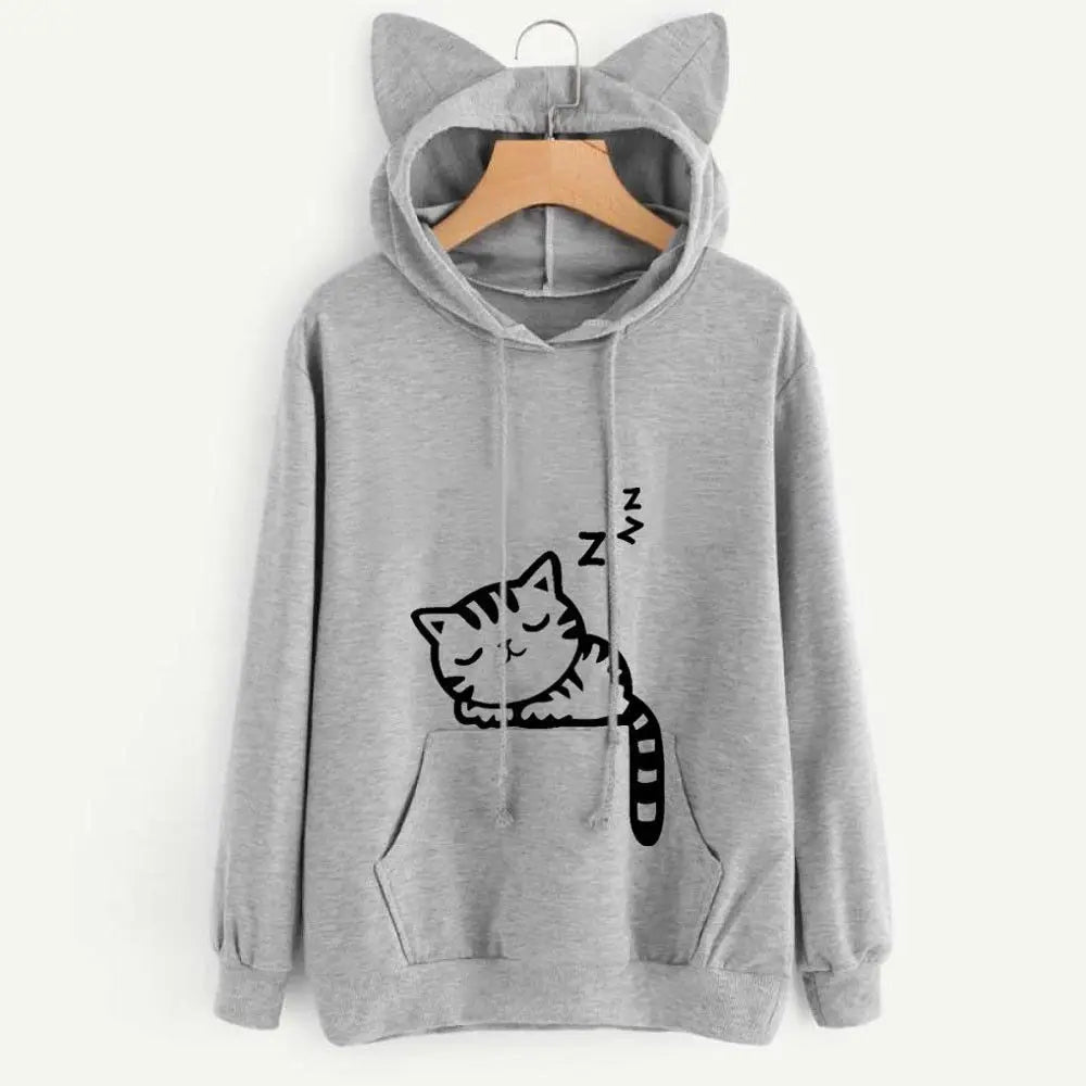 Sleepy Cat Ears Printed Hoodie