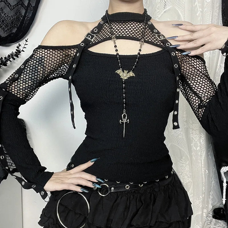 Dark Off Shoulder Fishnet Top
