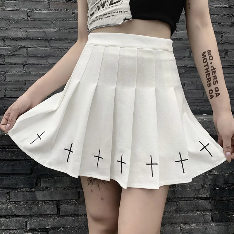 Gothic Cross Pleated Mini Skirt - White / S Apparel - Femboy Fatale