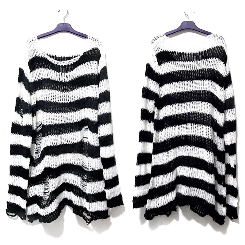 Gothic Distressed Oversized Striped Sweater Collection - White Apparel - Femboy Fatale