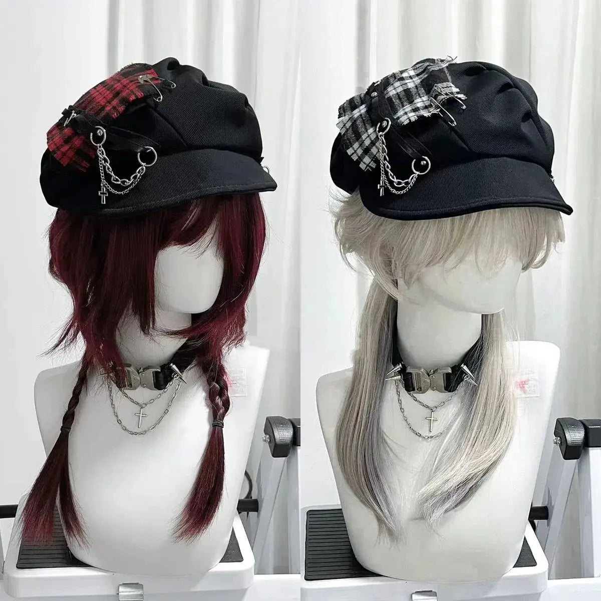 Gothic Plaid Beret Cap with Chains & Cross Charm