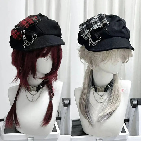 Gothic Plaid Beret Cap with Chains & Cross Charm