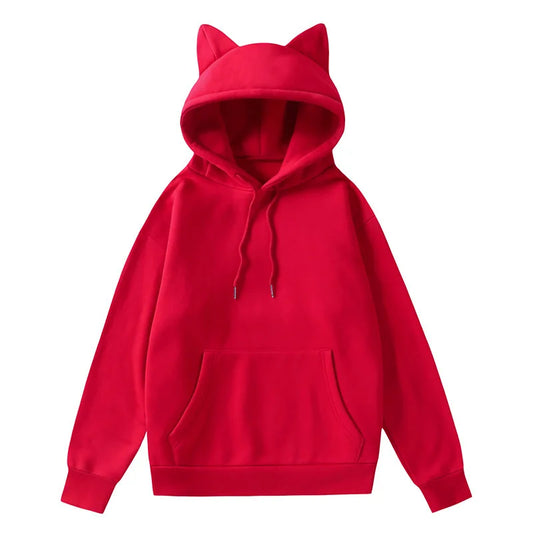 Oversized Plain Cat Ears Hoodie - Red / S Apparel - Femboy Fatale