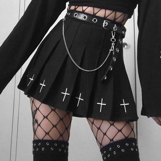 Gothic Cross Pleated Mini Skirt - Black / S Apparel - Femboy Fatale