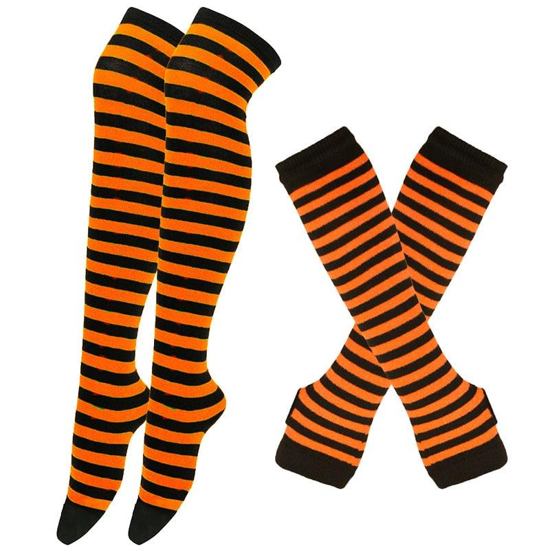 Matching Striped Arm Warmer and Thigh High Stocking Collection - Orange & Black Apparel - Femboy Fatale