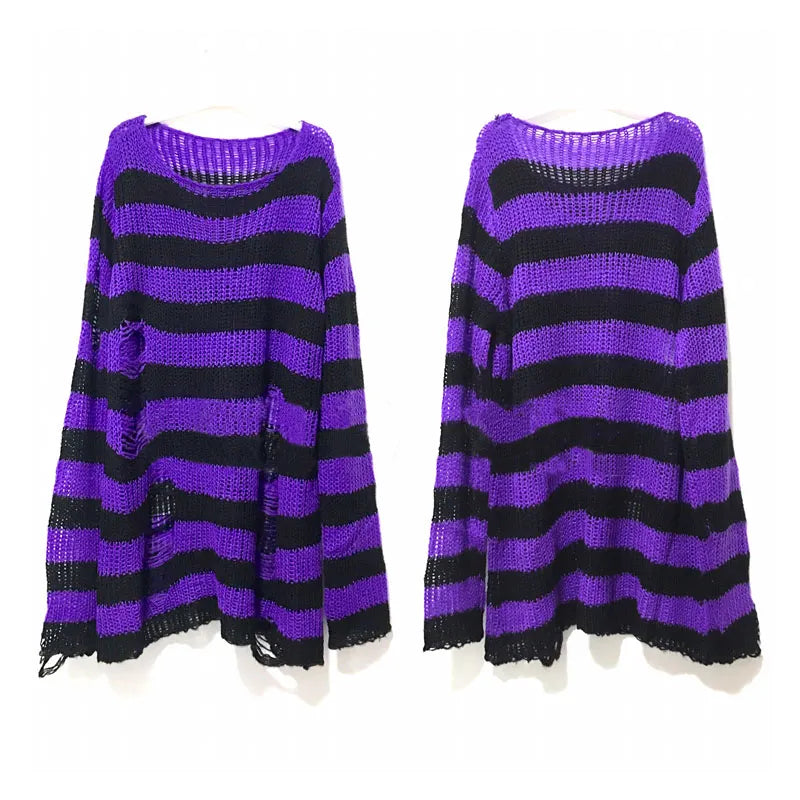 Gothic Distressed Oversized Striped Sweater Collection - Purple Apparel - Femboy Fatale