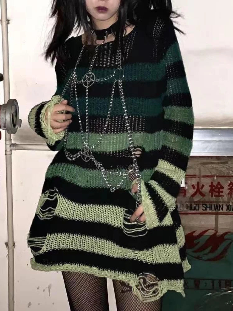Gothic Distressed Oversized Striped Sweater Collection - Green Gradient Apparel - Femboy Fatale