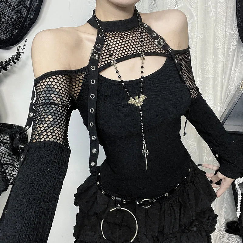 Dark Off Shoulder Fishnet Top