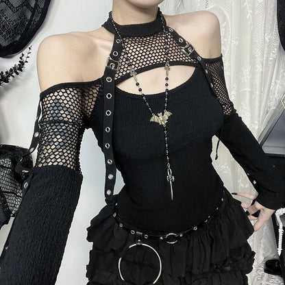 Dark Off Shoulder Fishnet Top