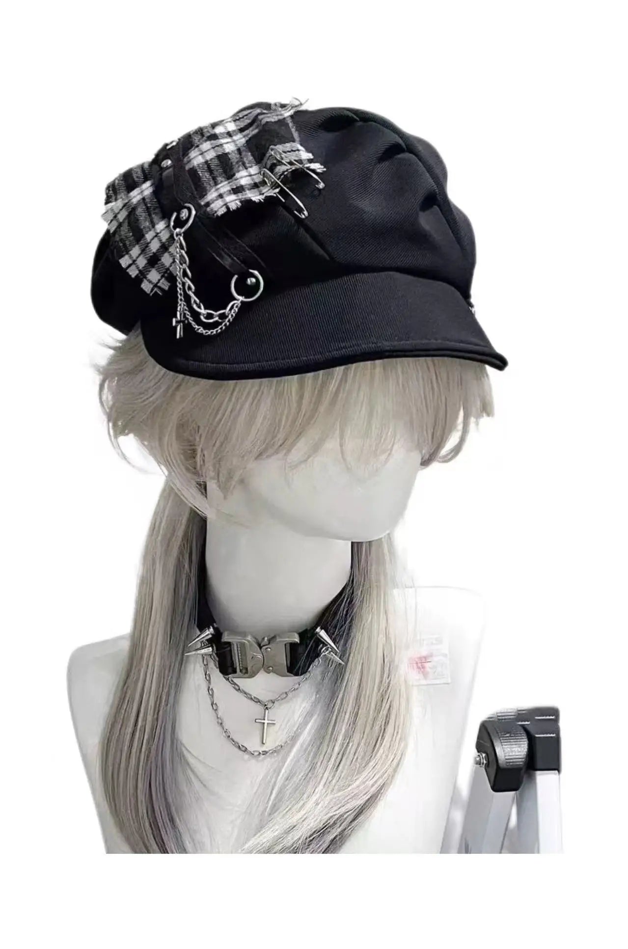 Gothic Plaid Beret Cap with Chains & Cross Charm