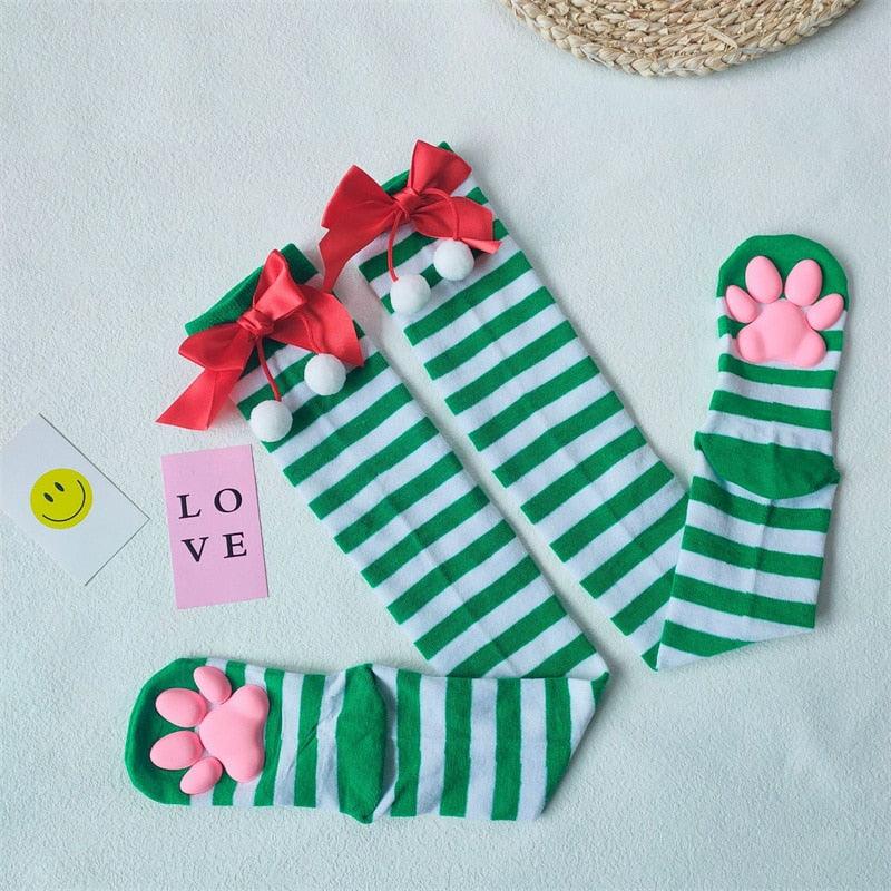 Cat Paw Thigh High Socks - Green & White Striped Socks - Femboy Fatale