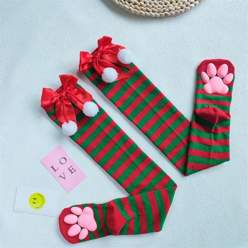 Cat Paw Thigh High Socks - Red & Green Striped Socks - Femboy Fatale