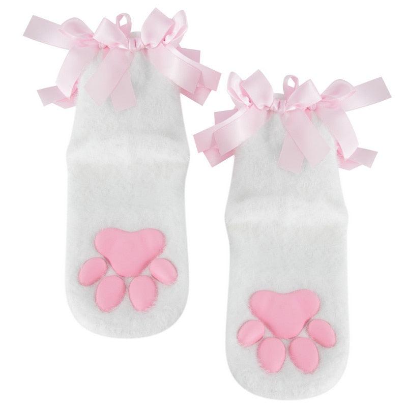 Cat Paw Ankle Socks - White w/ Pink Lace Socks - Femboy Fatale