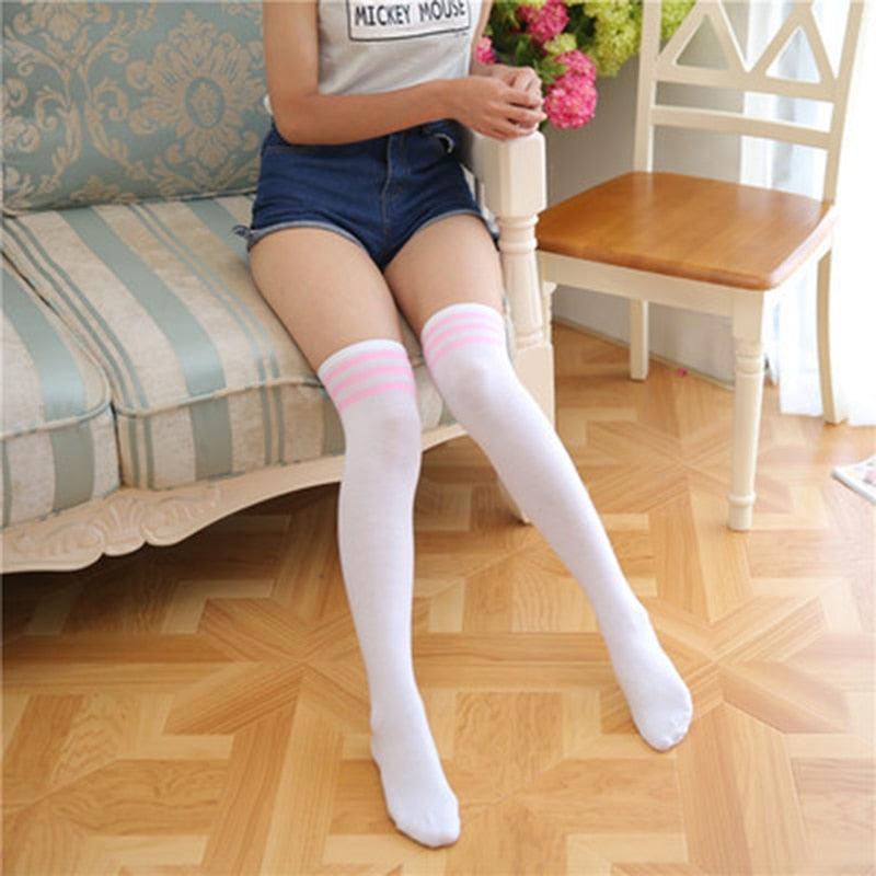 School Uniform Thigh High Striped Sock Collection - White w/ Three Pink Stripes Socks - Femboy Fatale