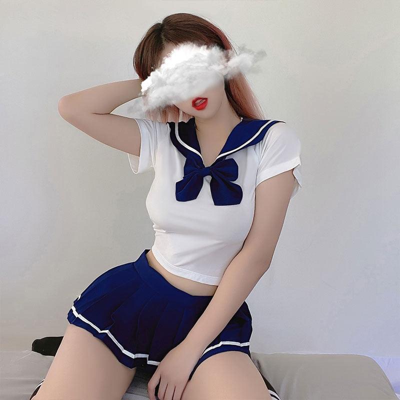 Japanese School Uniform w/ Short Skirt - Blue / No Socks Costume - Femboy Fatale