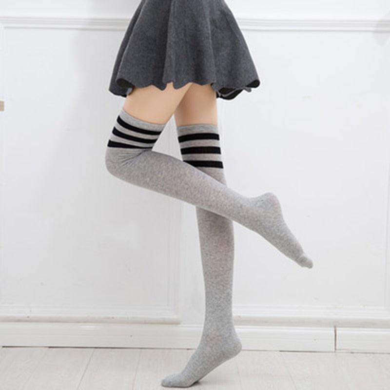 School Uniform Thigh High Striped Sock Collection - Grey w/ Three Black Stripes Socks - Femboy Fatale
