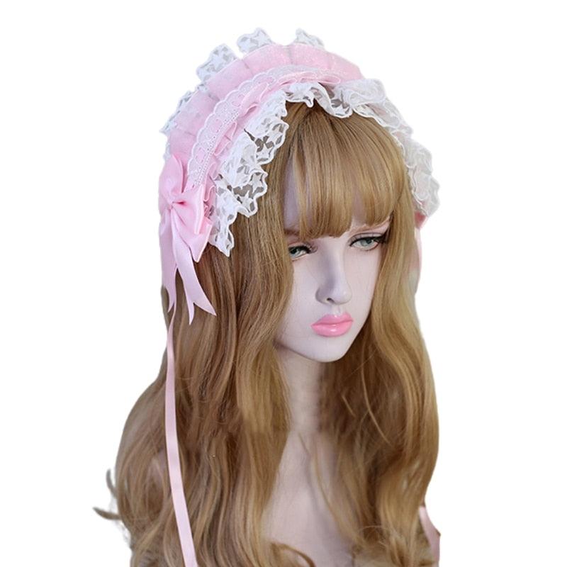 Lace Maiden Headband with Ribbons - Pink - Femboy Fatale