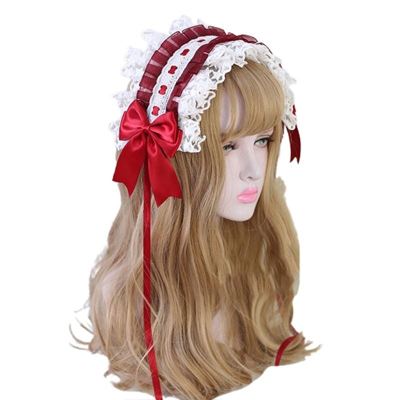 Lace Maiden Headband with Ribbons - Red - Femboy Fatale
