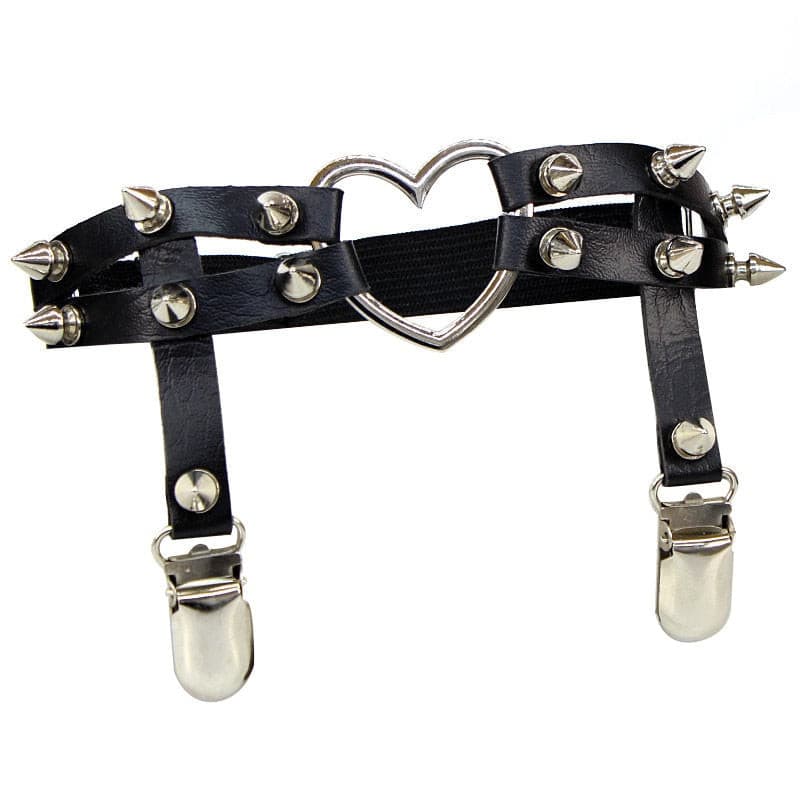 Leather Garter Collection - Spiky Heart with Two Clips Garters - Femboy Fatale